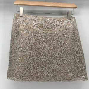 Anthropologie Corey Lynn Calter Skirt Womens 2 Tan Silver Lace Mini Lined A Line
